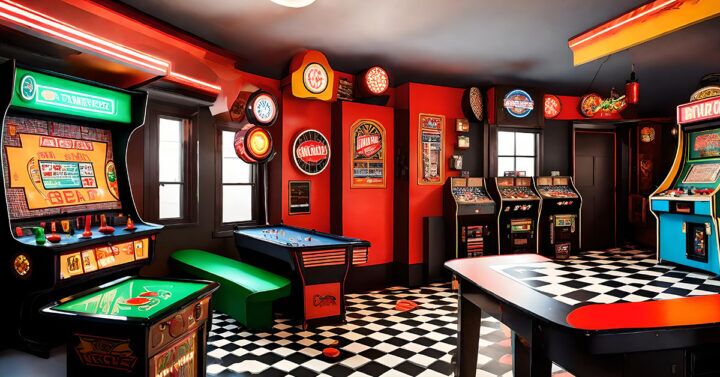 Een leuke speelkamer met spelmachines, dartboards en biljart.